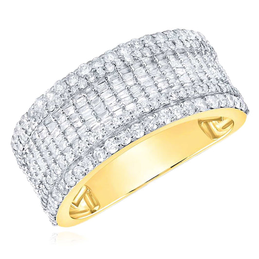 1.75CTW Real Diamond 10K Yellow Gold Round Baguette Pave 12mm Ring