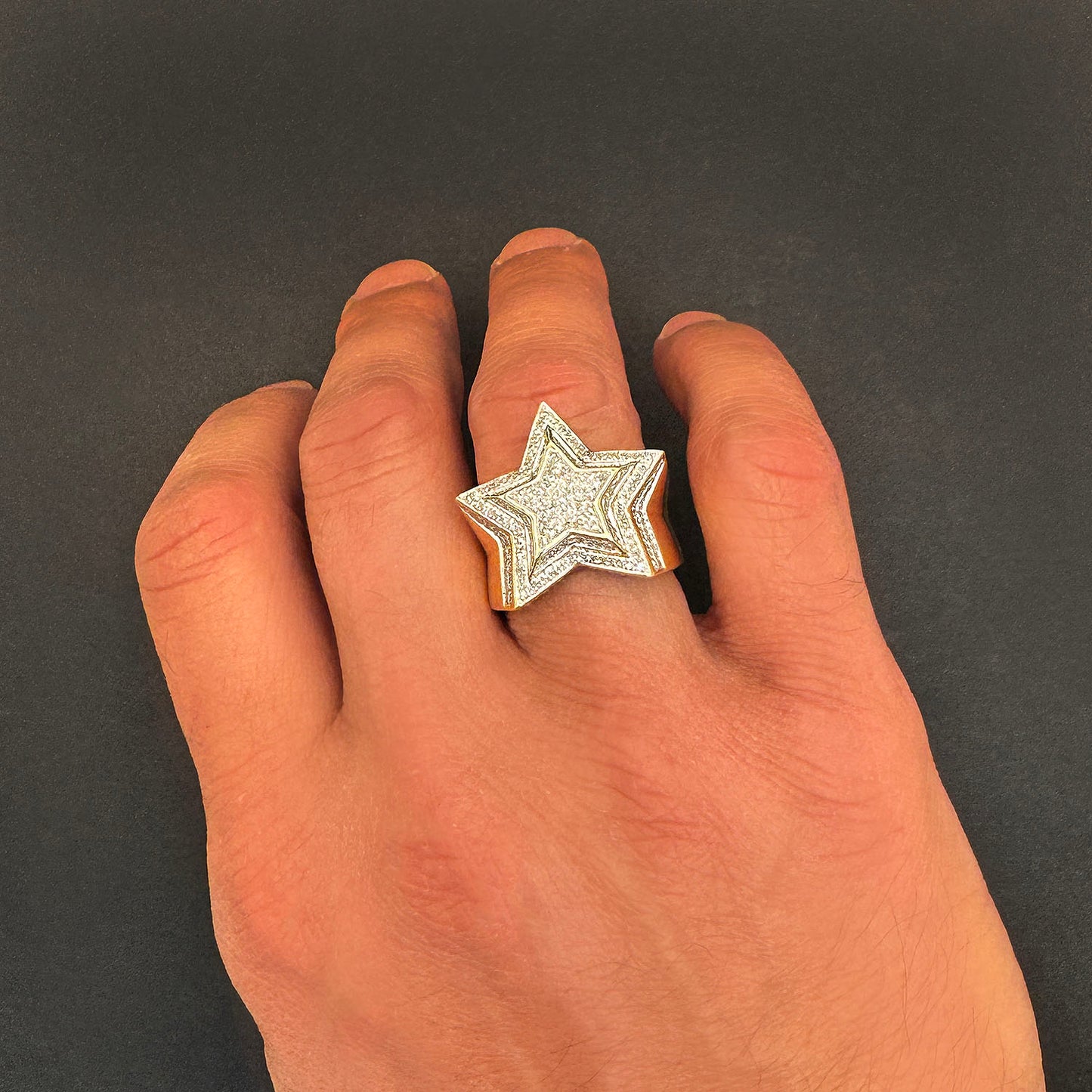 0.90CTW Real Diamond 10K Yellow Gold 24mm 3D Star Signet Ring