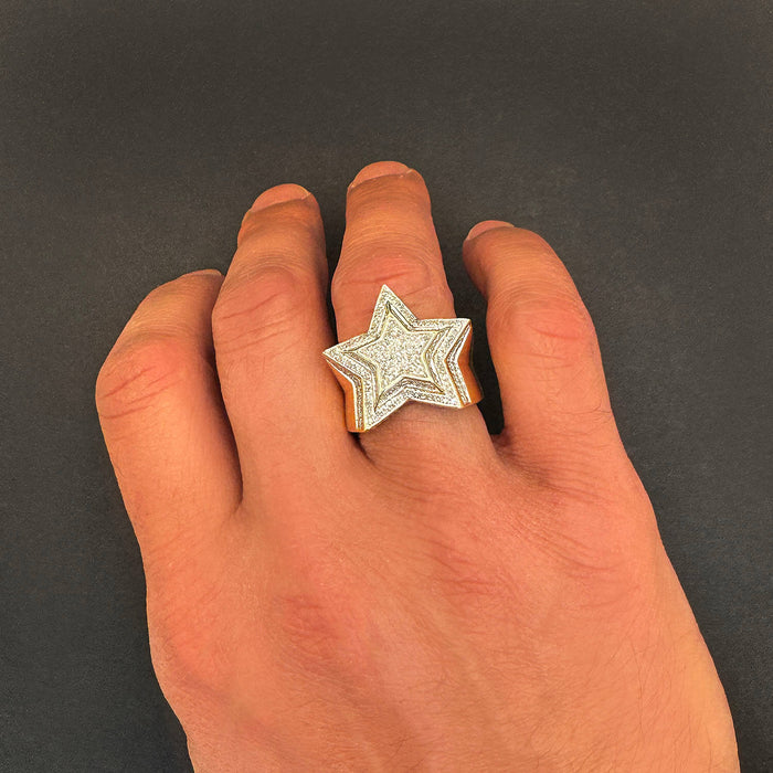 0.90CTW Natural Diamond 10K Yellow Gold 24mm 3D Star Signet Ring - WJD Exclusives