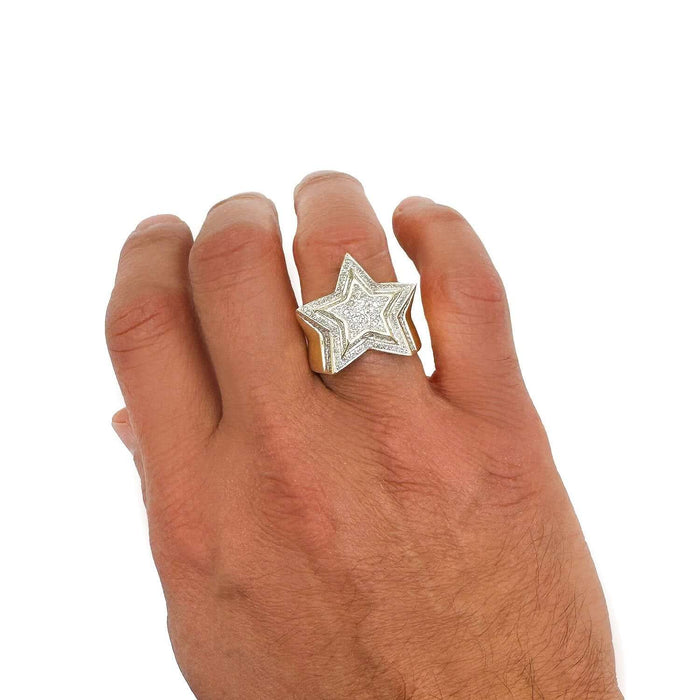 0.90CTW Natural Diamond 10K Yellow Gold 24mm 3D Star Signet Ring - WJD Exclusives