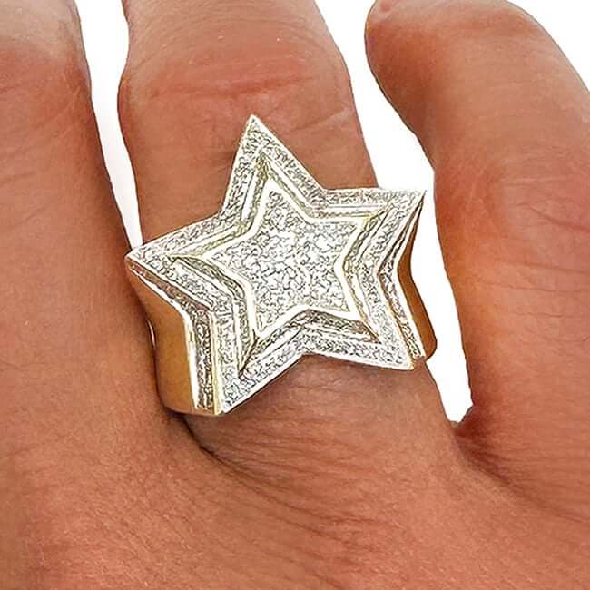 0.90CTW Natural Diamond 10K Yellow Gold 24mm 3D Star Signet Ring - WJD Exclusives