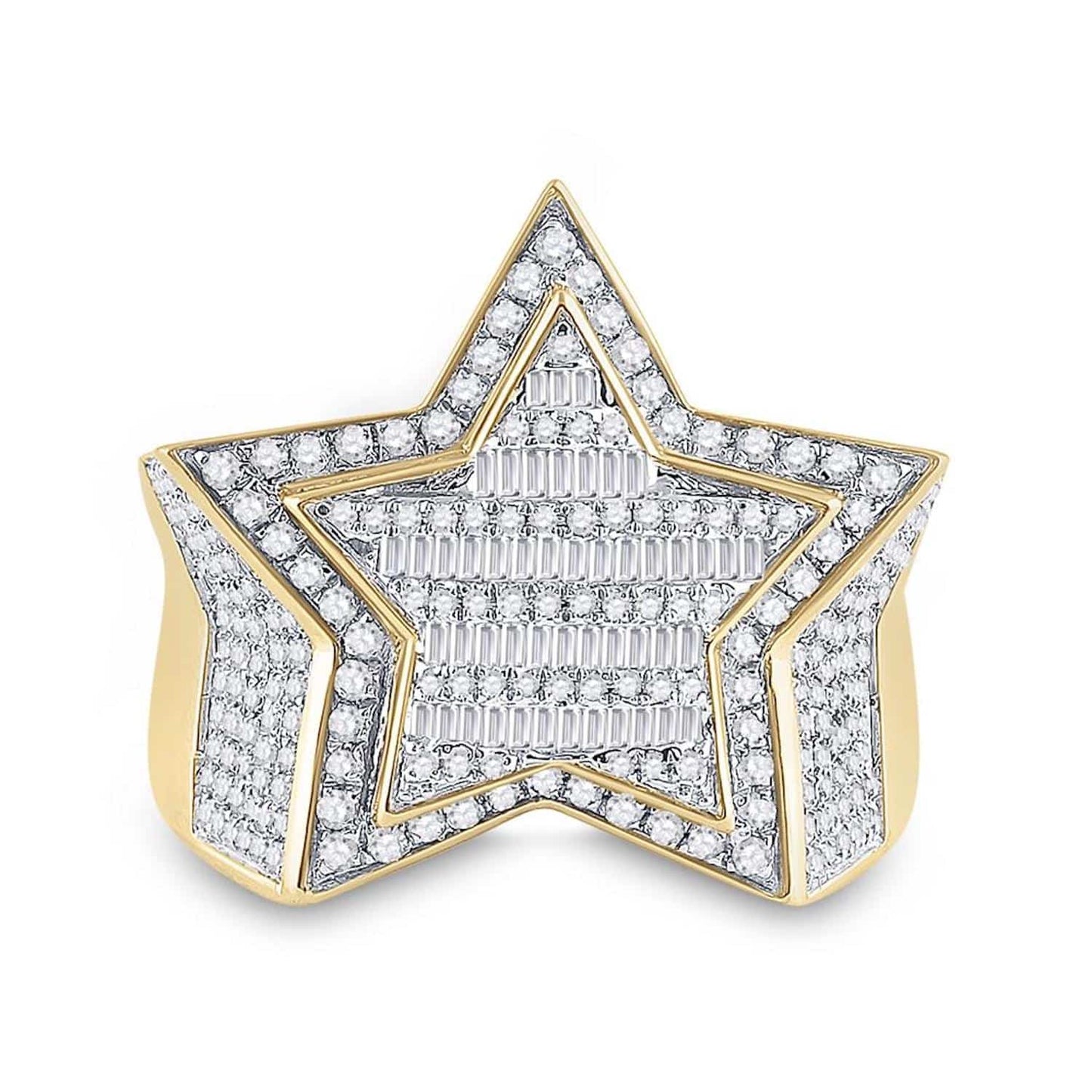 1.25CTW Real Diamond 10K Yellow Gold Round Baguette 3D Star Signet Ring