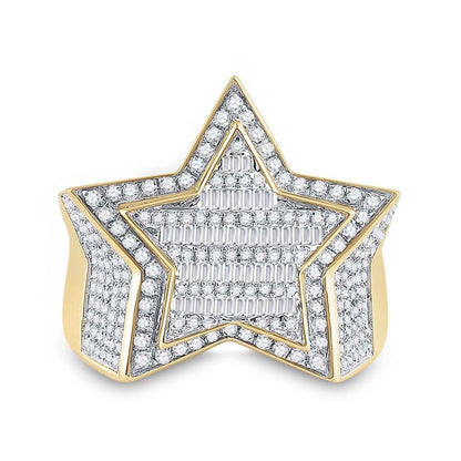 1.25CTW Real Diamond 10K Yellow Gold Round Baguette 3D Star Signet Ring