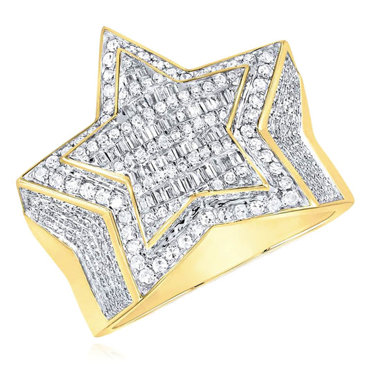 1.25CTW Real Diamond 10K Yellow Gold Round Baguette 3D Star Signet Ring