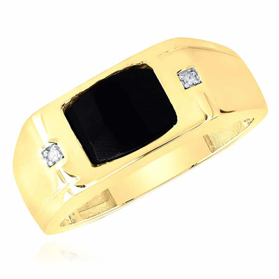 0.01CTW Natural Diamond 10K Yellow Gold Black Onyx Signet Ring - WJD Exclusives