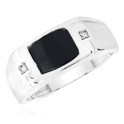 0.01CTW Natural Diamond 10K White Gold Black Onyx Signet Ring - WJD Exclusives