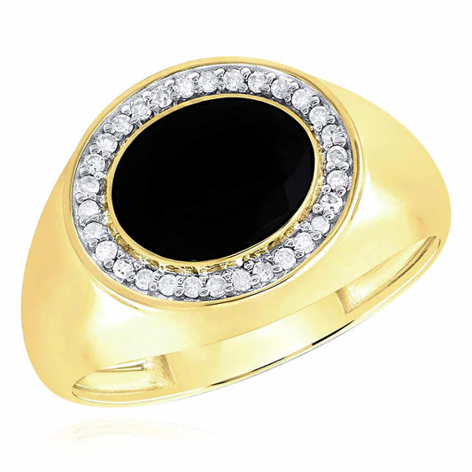 0.15CTW Real Diamond 10K Yellow Gold Oval Black Onyx Signet Ring