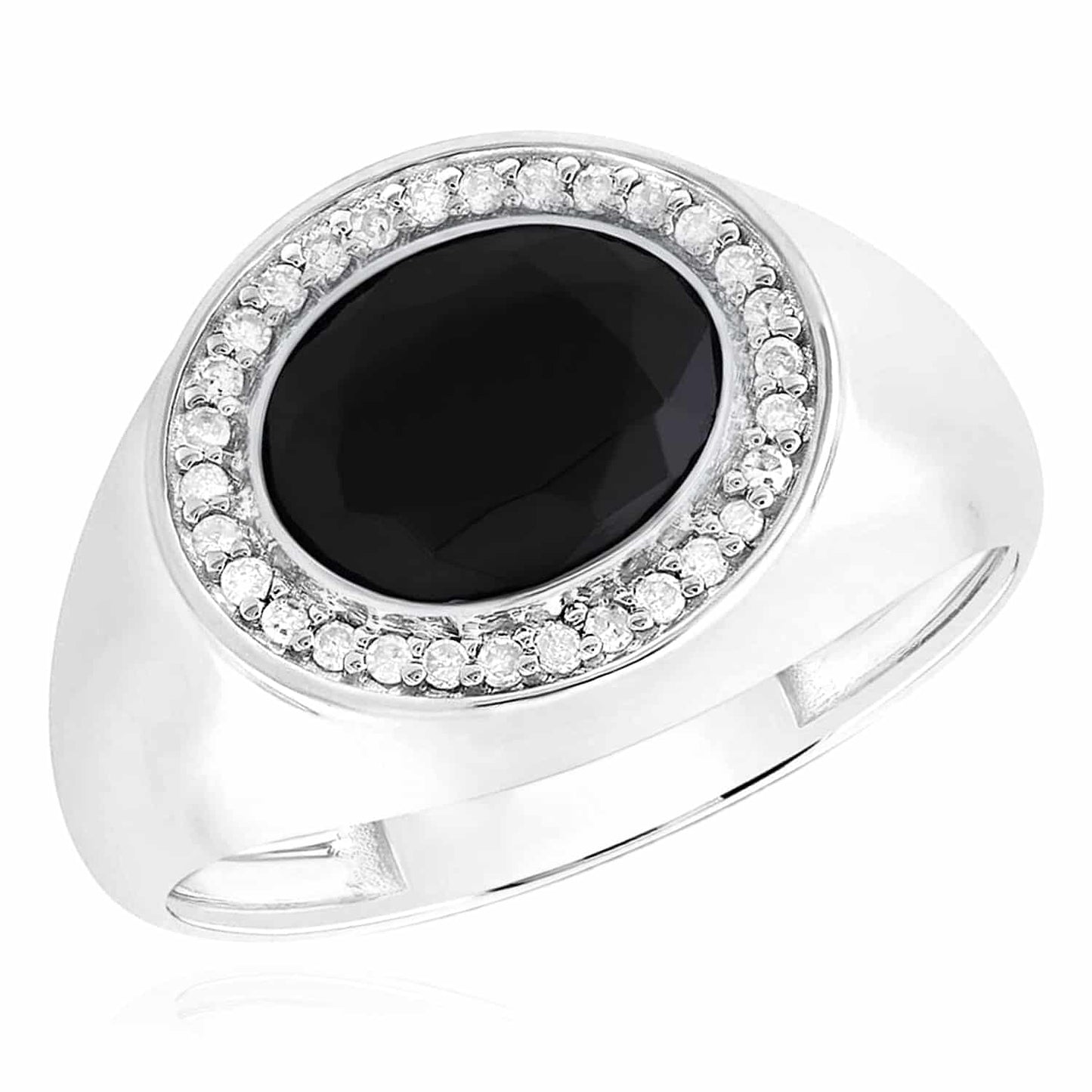0.15CTW Real Diamond 10K White Gold Oval Black Onyx Signet Ring