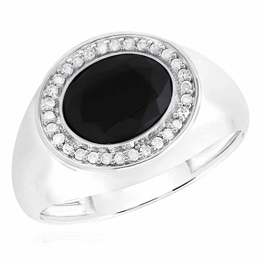 0.15CTW Real Diamond 10K White Gold Oval Black Onyx Signet Ring