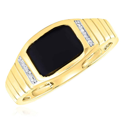 0.05CTW Natural Diamond 10K Yellow Gold Rectangular Black Onyx Signet Ring - WJD Exclusives