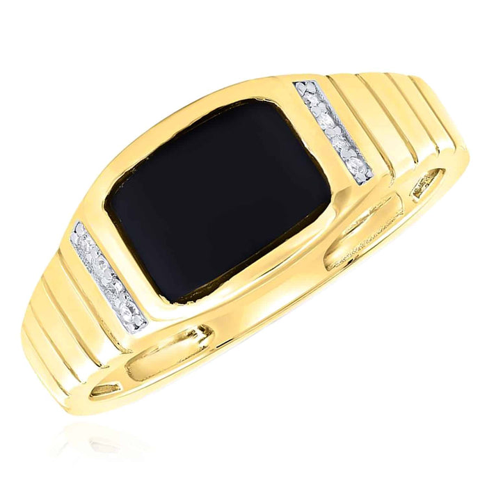 0.05CTW Natural Diamond 10K Yellow Gold Rectangular Black Onyx Signet Ring - WJD Exclusives