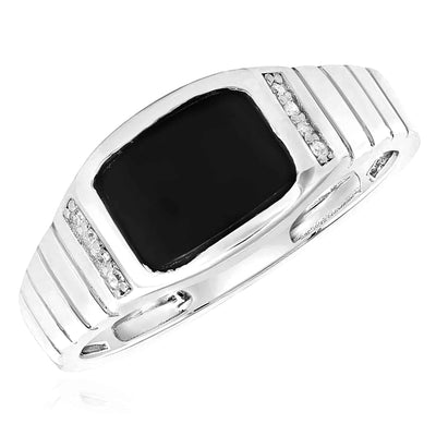 0.05CTW Natural Diamond 10K Gold White Rectangular Black Onyx Signet Ring - WJD Exclusives
