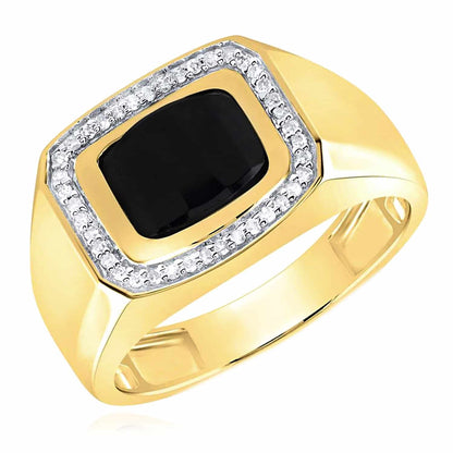 0.15CTW Real Diamond 10K Yellow Gold Black Onyx Rectangle Signet Ring