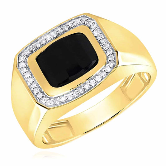 0.15CTW Real Diamond 10K Yellow Gold Black Onyx Rectangle Signet Ring