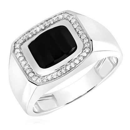 0.15CTW Real Diamond 10K White Gold Black Onyx Rectangle Signet Ring
