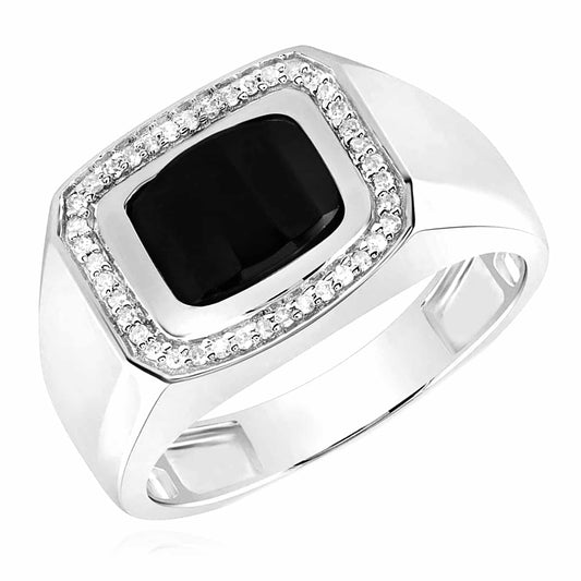 0.15CTW Real Diamond 10K White Gold Black Onyx Rectangle Signet Ring