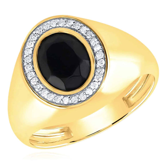 0.15CTW Real Diamond 10K Yellow Gold Oval Black Onyx Signet Ring
