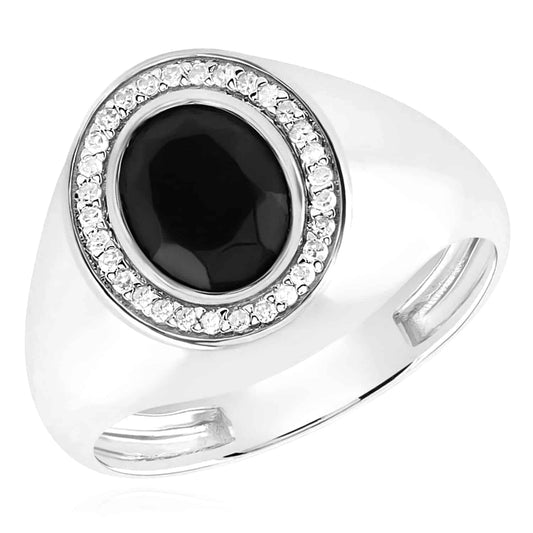0.15CTW Real Diamond 10K White Gold Oval Black Onyx Signet Ring