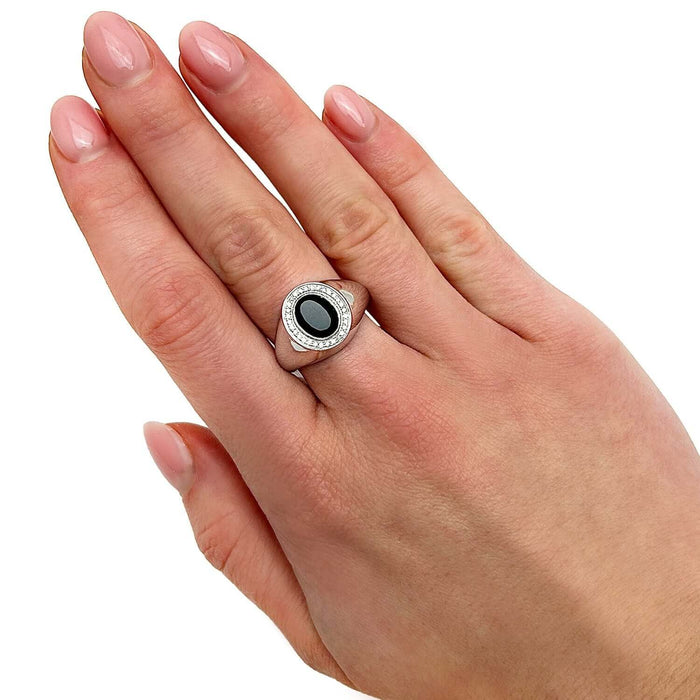 0.15CTW Natural Diamond 10K White Gold Oval Black Onyx Signet Ring - WJD Exclusives