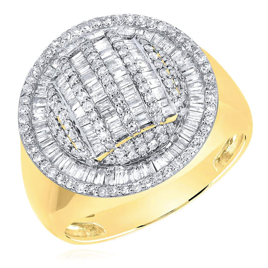 1.60CTW Real Diamond 10K Yellow Gold Baguette Round 20mm Signet Ring