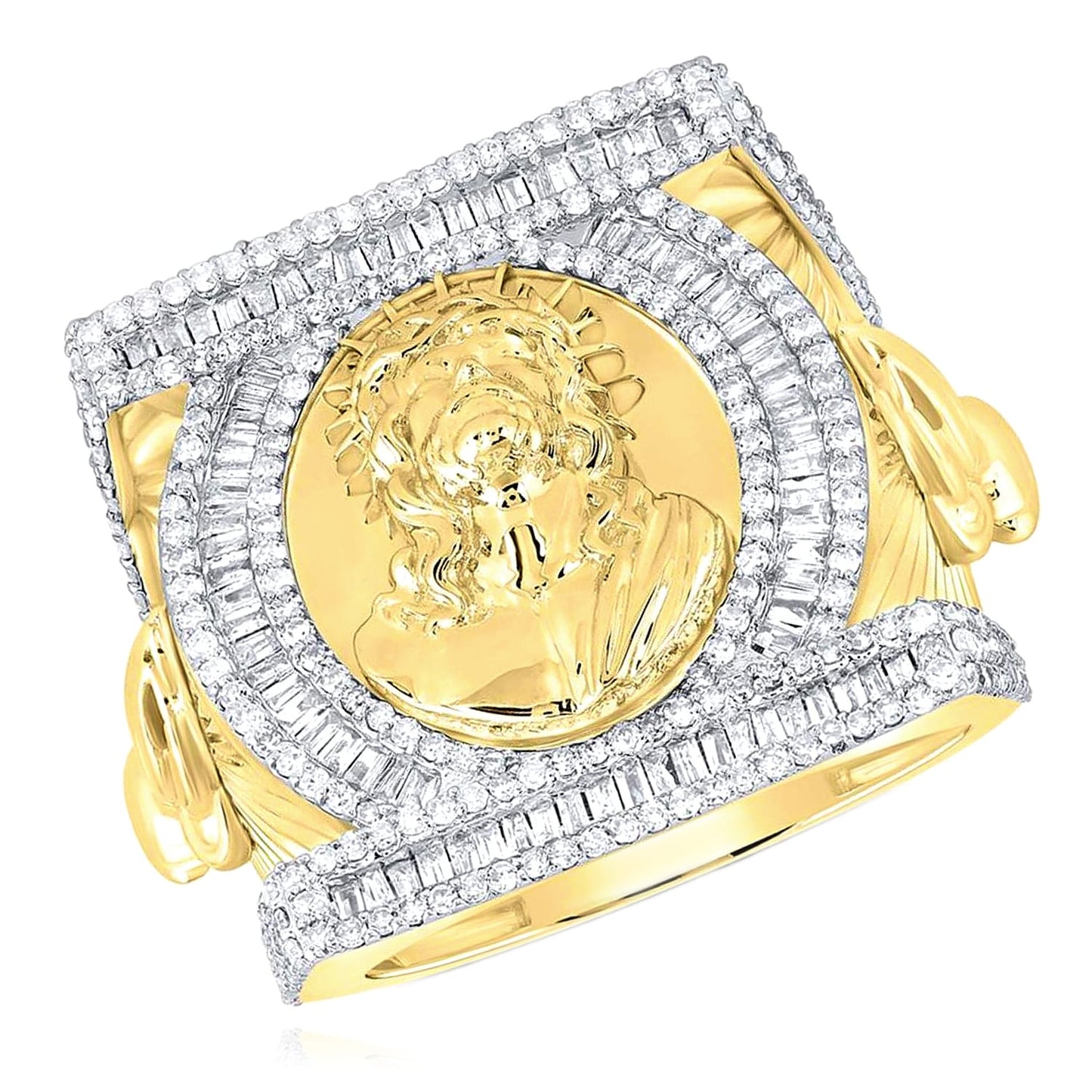 1.75CTW Real Diamond 10K Yellow Gold Baguette Square Jesus Head Signet Ring