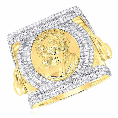 1.75CTW Natural Diamond 10K Yellow Gold Baguette Square Jesus Head Signet Ring - WJD Exclusives