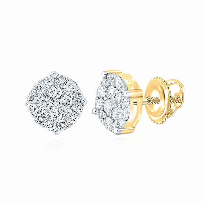 0.5 - 1CTW Natural Diamond 10K Yellow Gold Round Cluster Screw Back Stud Earrings - WJD Exclusives