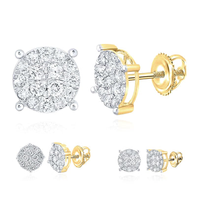 0.5 - 1CTW Natural Diamond 10K Yellow Gold Round Cluster Screw Back Stud Earrings - WJD Exclusives