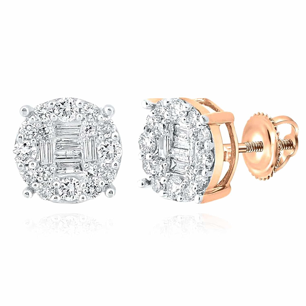0.60CTW Natural Diamond 10K Gold Yellow White Rose Baguette Round Stud Earrings - WJD Exclusives