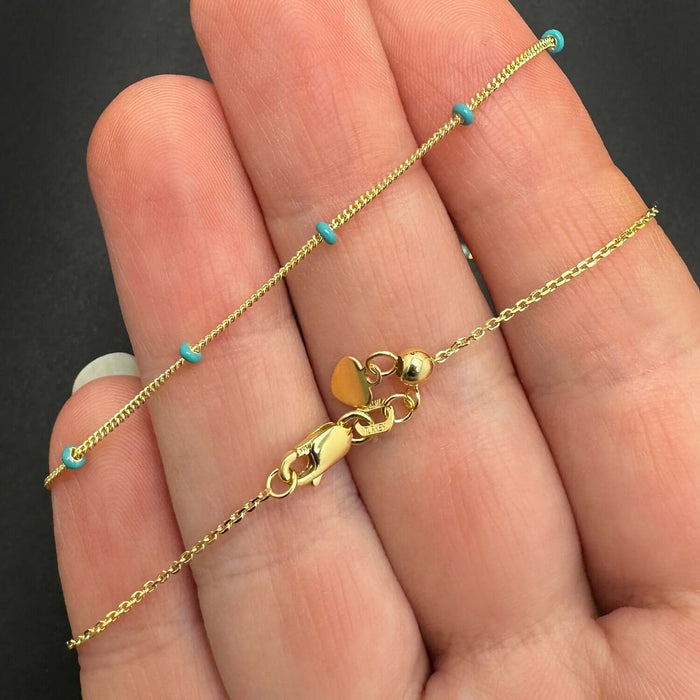 14K Yellow Gold Turquoise Saturn Station Chain Choker Necklace (Solid Links) 16" - 17" Adjustable - WJD Exclusives