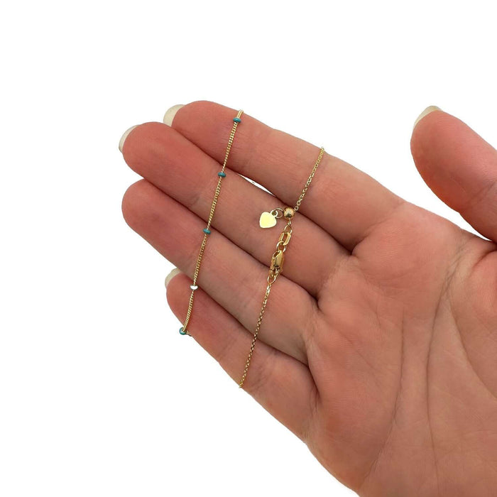 14K Yellow Gold Turquoise Saturn Station Chain Choker Necklace (Solid Links) 16" - 17" Adjustable - WJD Exclusives