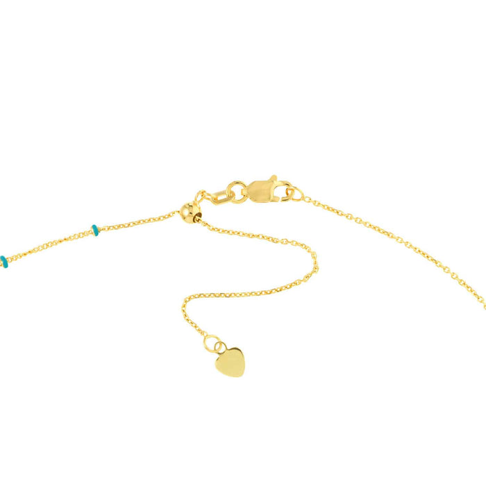 14K Yellow Gold Turquoise Saturn Station Chain Choker Necklace (Solid Links) 16" - 17" Adjustable - WJD Exclusives
