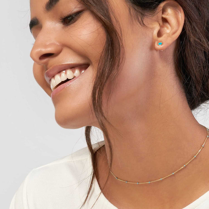 14K Yellow Gold Turquoise Saturn Station Chain Choker Necklace (Solid Links) 16" - 17" Adjustable - WJD Exclusives