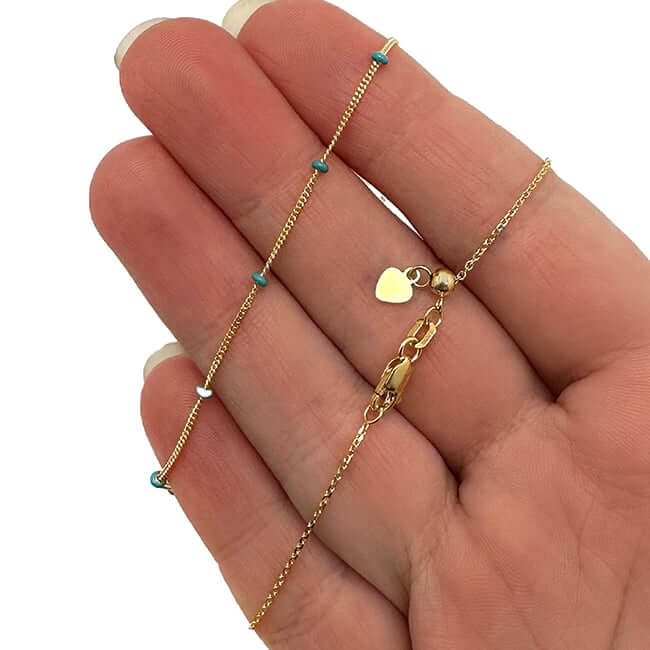 14K Yellow Gold Turquoise Saturn Station Chain Choker Necklace (Solid Links) 16" - 17" Adjustable - WJD Exclusives