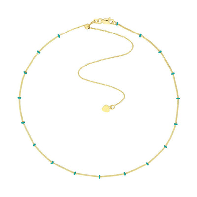 14K Yellow Gold Turquoise Saturn Station Chain Choker Necklace (Solid Links) 16" - 17" Adjustable - WJD Exclusives