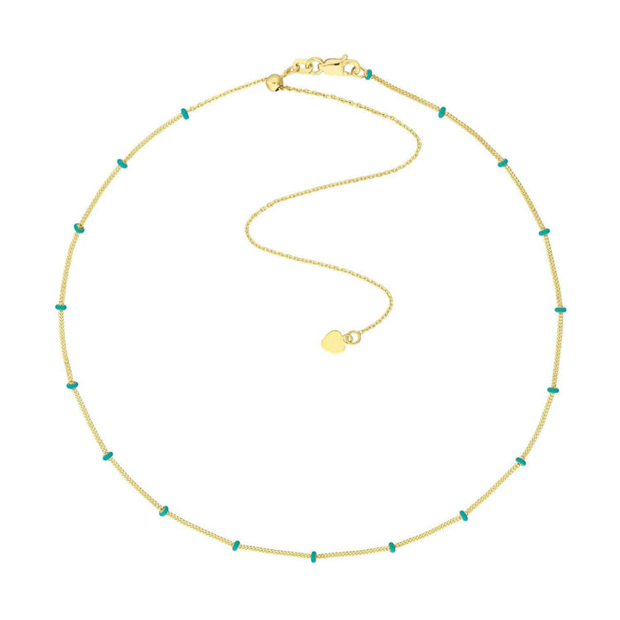 14K Yellow Gold Turquoise Saturn Station Chain Choker Necklace (Solid Links) 16" - 17" Adjustable - WJD Exclusives