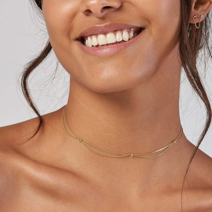 Natural Diamond 14K Yellow Gold Drape Chain Choker Necklace (Hollow) 15" - 17" Adjustable - WJD Exclusives