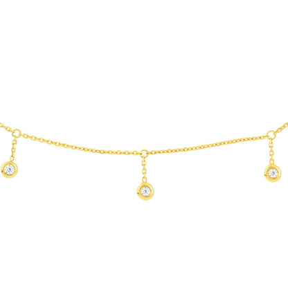 Real Diamond 14K Gold Bezel Drops Choker Necklace 15"-17" Adjustable