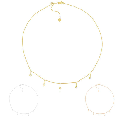 Real Diamond 14K Gold Bezel Drops Choker Necklace 15"-17" Adjustable