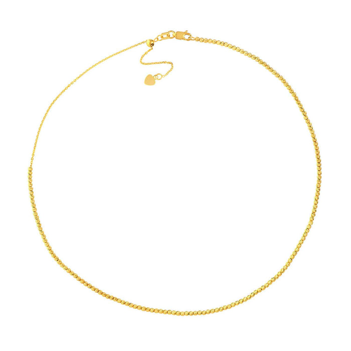 14K Yellow Gold 2mm Diamond - Cut Bead Choker Necklace (Solid Links) 14" - 16" Adjustable - WJD Exclusives