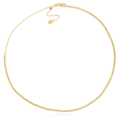 14K Gold 2mm Diamond-Cut Bead Choker Necklace 14"-16" Adjustable