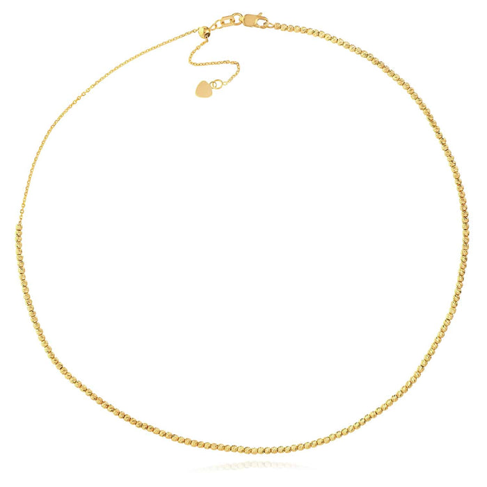 14K Yellow Gold 2mm Diamond - Cut Bead Choker Necklace (Solid Links) 14" - 16" Adjustable - WJD Exclusives