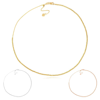 14K Yellow Gold 2mm Diamond - Cut Bead Choker Necklace (Solid Links) 14" - 16" Adjustable - WJD Exclusives