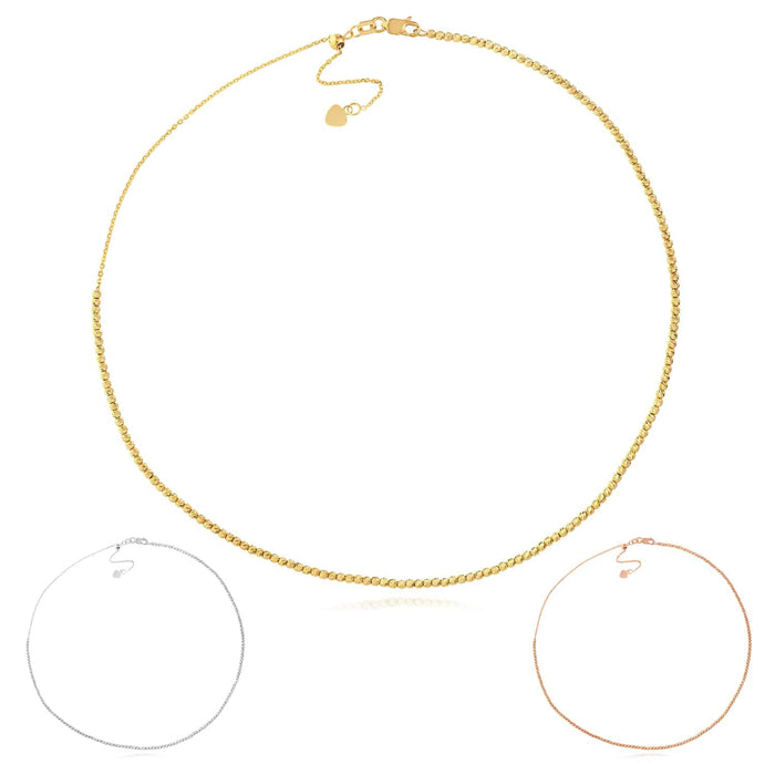 14K Yellow Gold 2mm Diamond - Cut Bead Choker Necklace (Solid Links) 14" - 16" Adjustable - WJD Exclusives