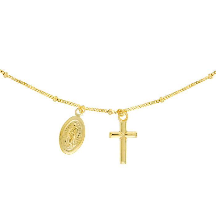 14K Yellow Gold Lady Guadalupe Cross Chain Choker Necklace (Solid Links) 14" - 16" Adjustable - WJD Exclusives