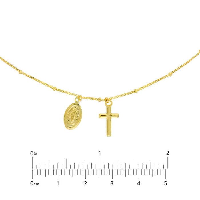 14K Yellow Gold Lady Guadalupe Cross Chain Choker Necklace (Solid Links) 14" - 16" Adjustable - WJD Exclusives