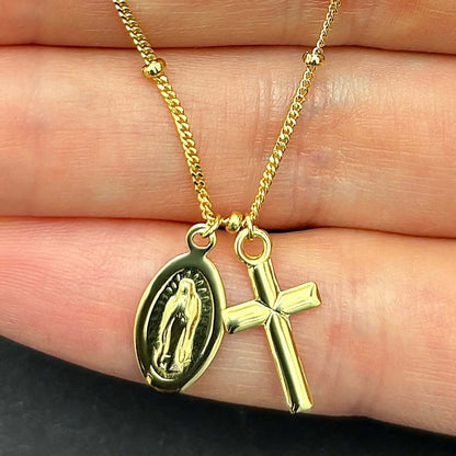 14K Gold Lady Guadalupe Cross Chain Choker Necklace 14"-16" Adjustable