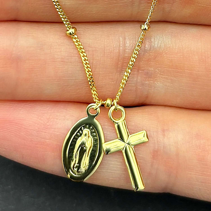 14K Yellow Gold Lady Guadalupe Cross Chain Choker Necklace (Solid Links) 14" - 16" Adjustable - WJD Exclusives