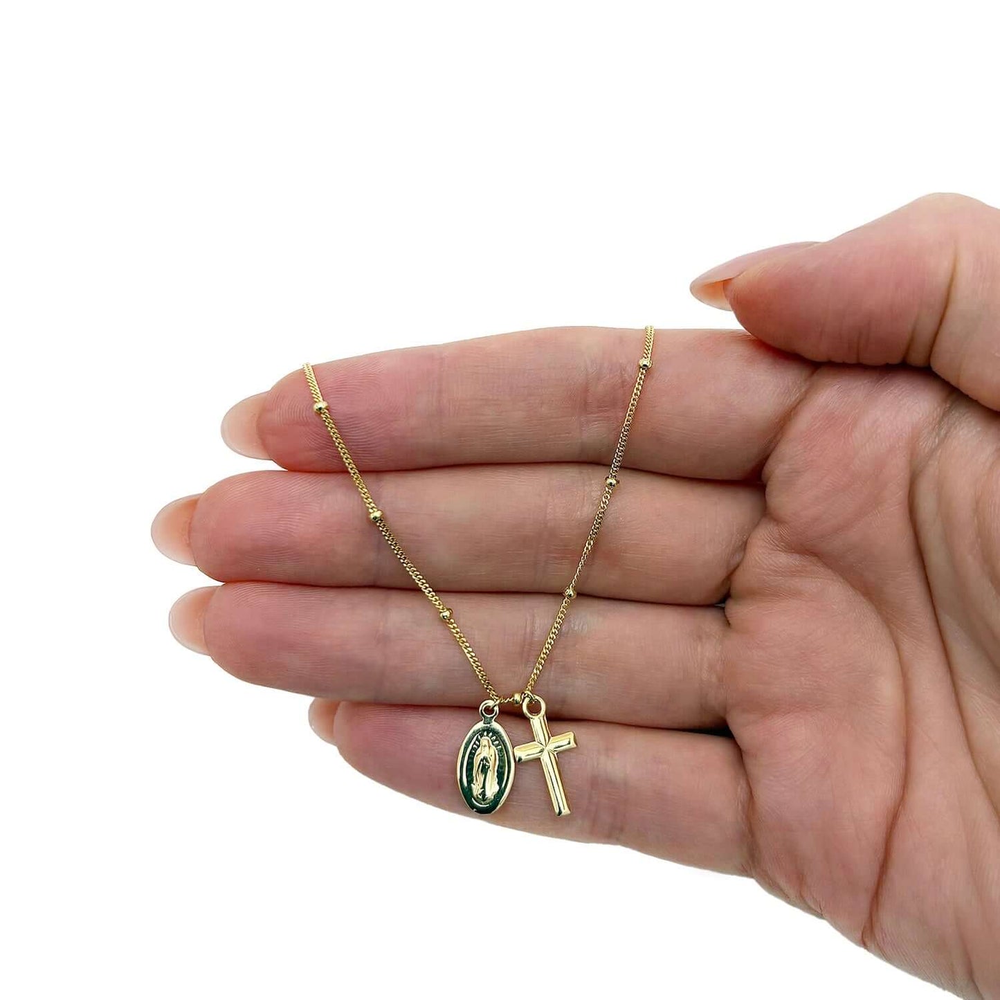 14K Gold Lady Guadalupe Cross Chain Choker Necklace 14"-16" Adjustable