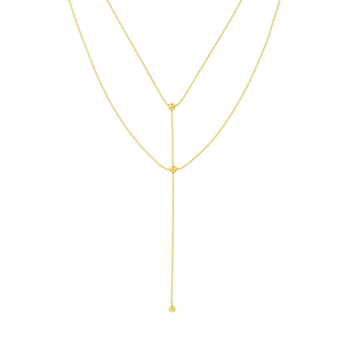 14K Yellow Gold Two - Stranded Connecting Bead Dangle Necklace (Hollow) 14" - 17" Adjustable - WJD Exclusives